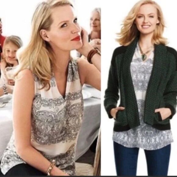 CABi Scrollwork Cream/Gray V-Neck Sleeveless Blous/Tunic #3091. Size Medium NWOT - Picture 2 of 10